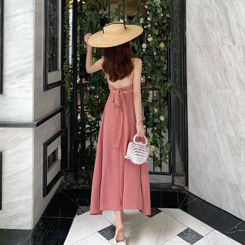 Bow Back Midi A-Line Dress with Thin Straps