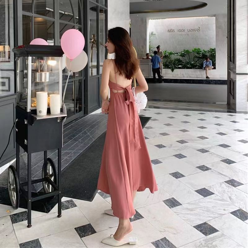 Bow Back Midi A-Line Dress with Thin Straps