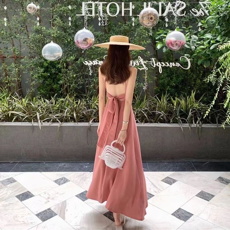 Bow Back Midi A-Line Dress with Thin Straps