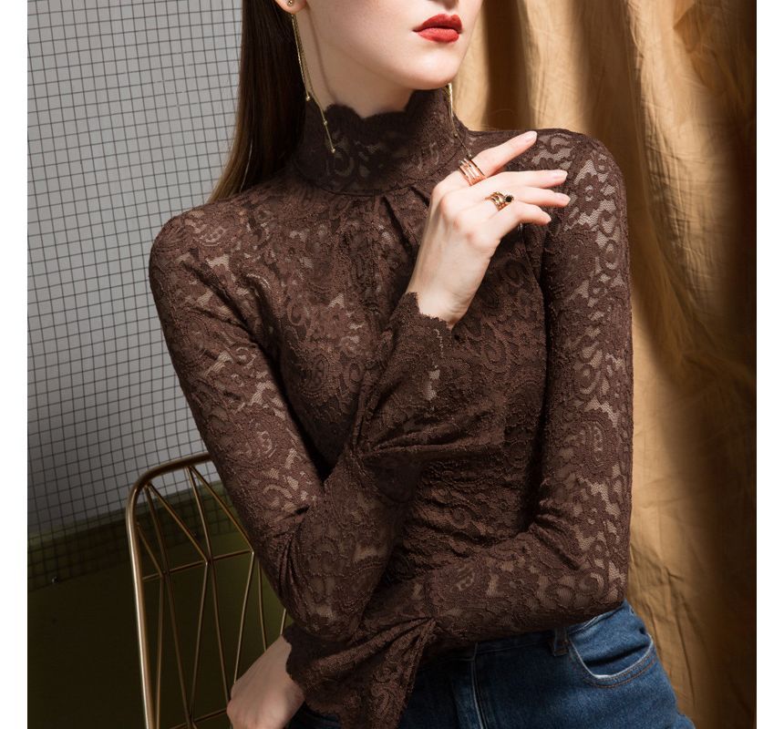 Elegant Lace-Trimmed Long Sleeve Funnel Neck Top