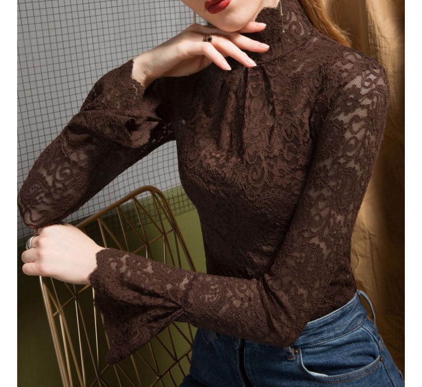 Elegant Lace-Trimmed Long Sleeve Funnel Neck Top
