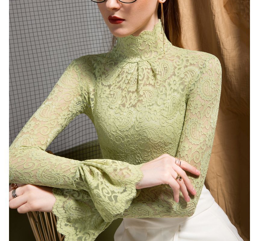 Elegant Lace-Trimmed Long Sleeve Funnel Neck Top