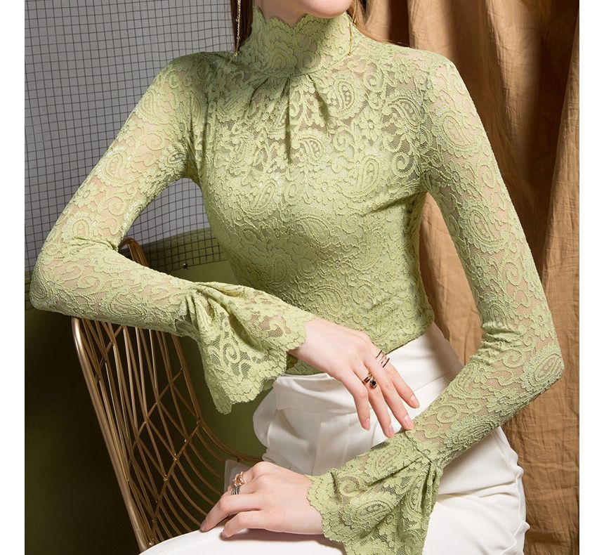 Elegant Lace-Trimmed Long Sleeve Funnel Neck Top