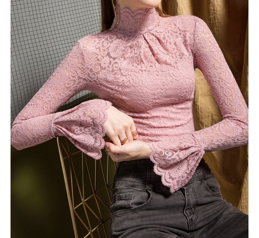 Elegant Lace-Trimmed Long Sleeve Funnel Neck Top
