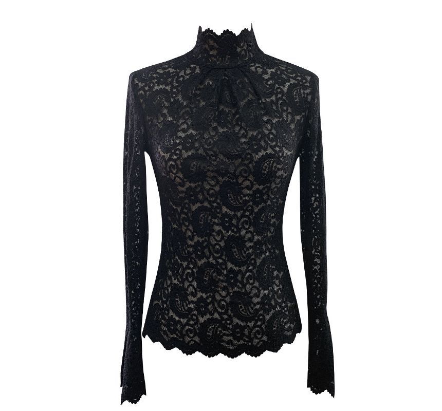 Elegant Lace-Trimmed Long Sleeve Funnel Neck Top