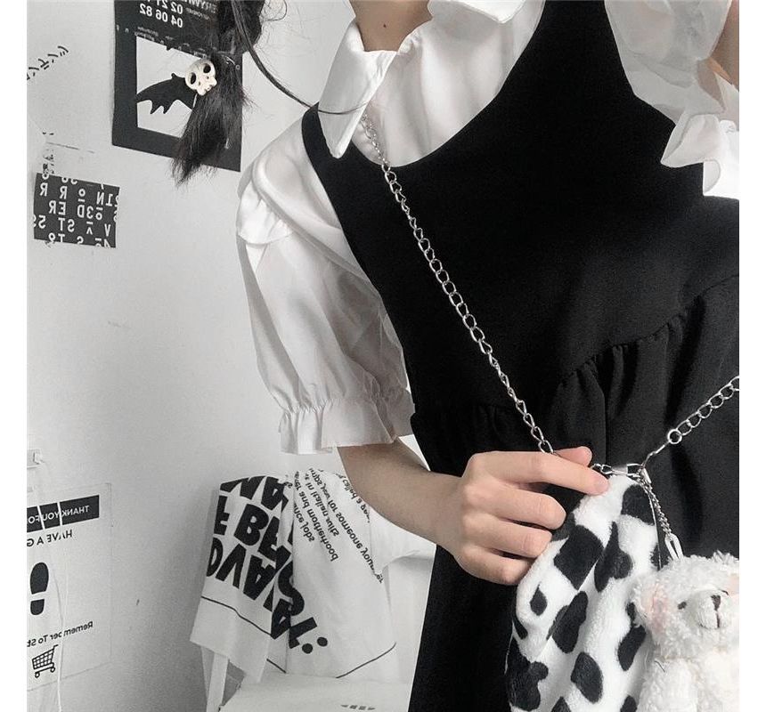 Collared Blouse and Scoop Neck Mini A-Line Dress Set