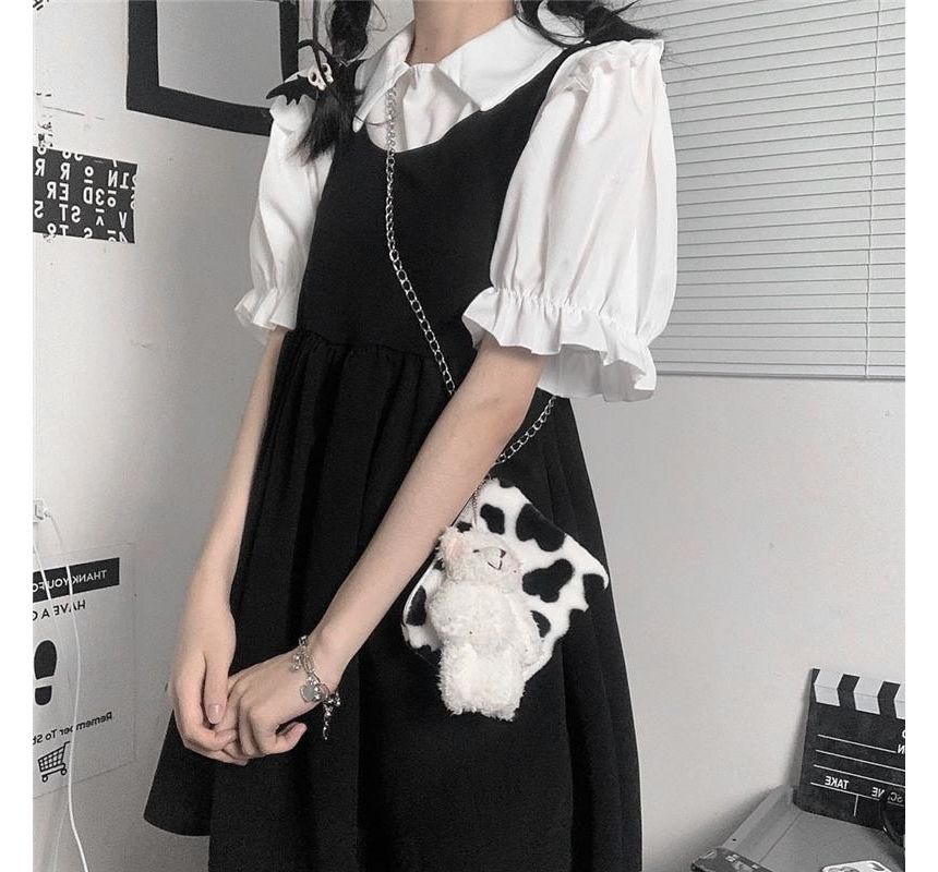 Collared Blouse and Scoop Neck Mini A-Line Dress Set