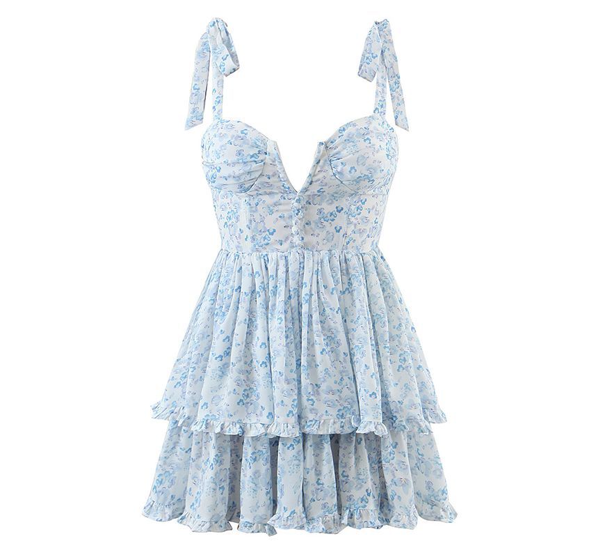 Tie-Shoulder Shirred Layered Mini A-Line Dress