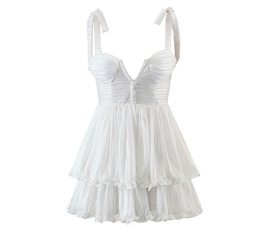Tie-Shoulder Shirred Layered Mini A-Line Dress