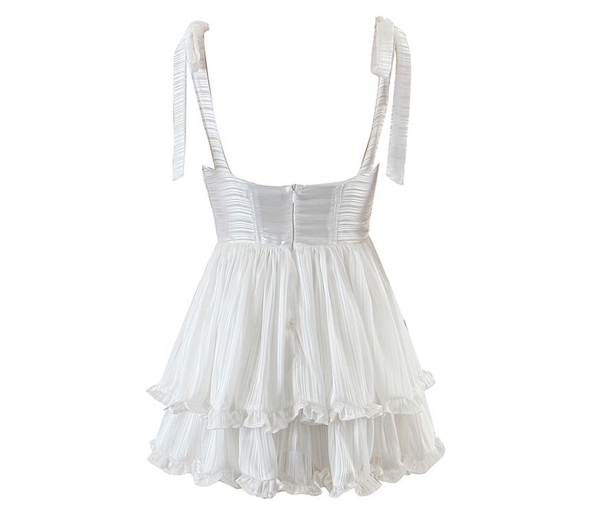 Tie-Shoulder Shirred Layered Mini A-Line Dress
