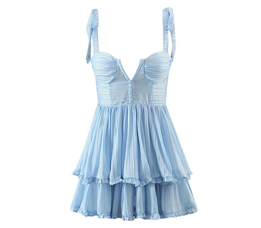 Tie-Shoulder Shirred Layered Mini A-Line Dress