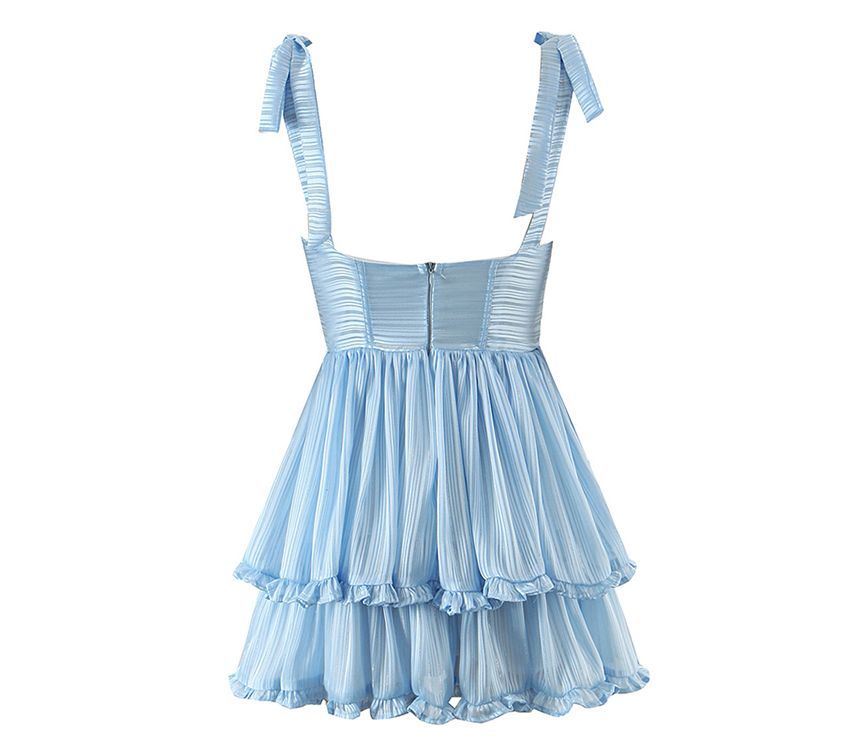Tie-Shoulder Shirred Layered Mini A-Line Dress