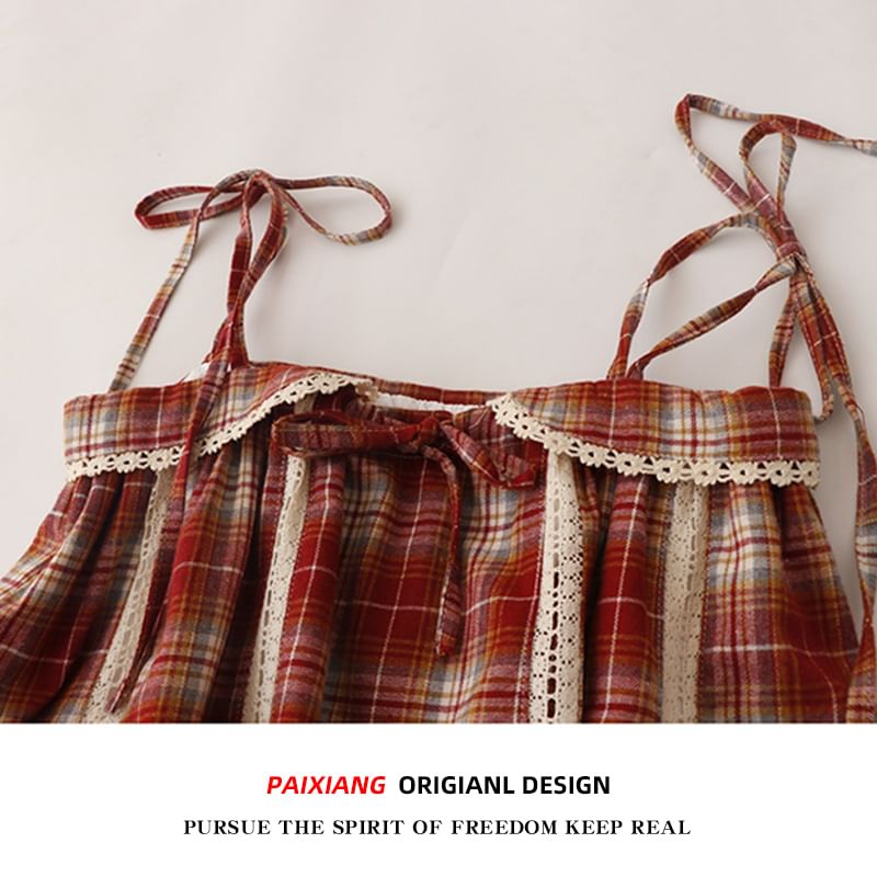 Checkered Lace-Trimmed Camisole Blouse