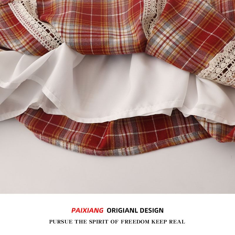 Checkered Lace-Trimmed Camisole Blouse