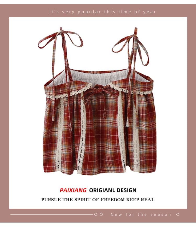 Checkered Lace-Trimmed Camisole Blouse