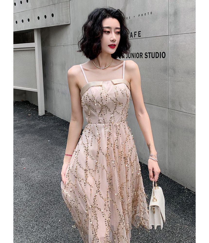Sequined Fringed A-Line Cocktail Dress with Thin Straps
