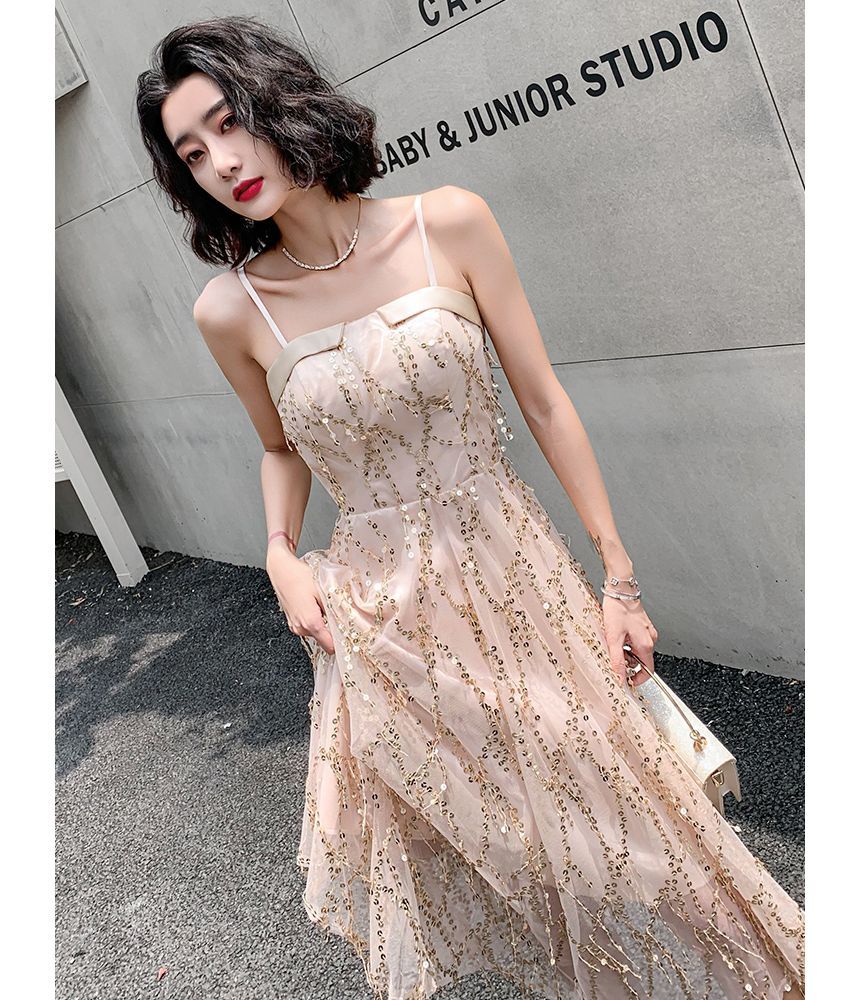 Sequined Fringed A-Line Cocktail Dress with Thin Straps