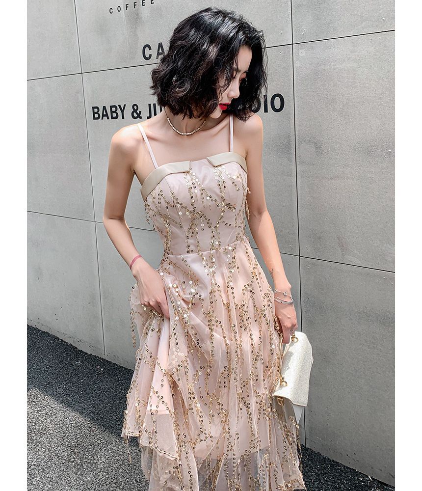 Sequined Fringed A-Line Cocktail Dress with Thin Straps