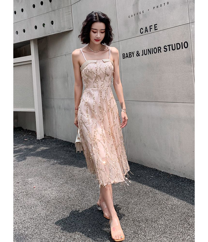 Sequined Fringed A-Line Cocktail Dress with Thin Straps