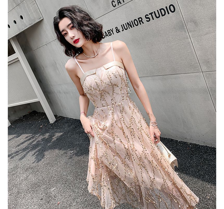 Sequined Fringed A-Line Cocktail Dress with Thin Straps