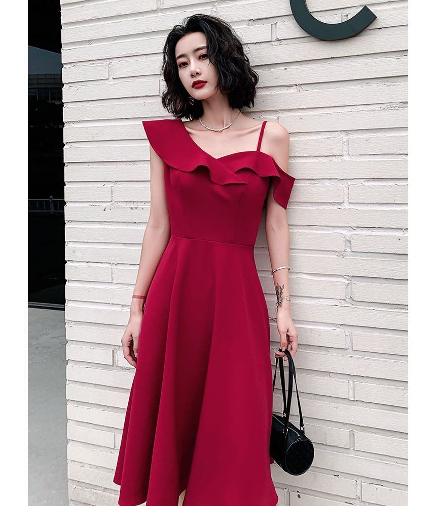 Asymmetric Ruffled A-Line Cocktail Dress with Thin Straps