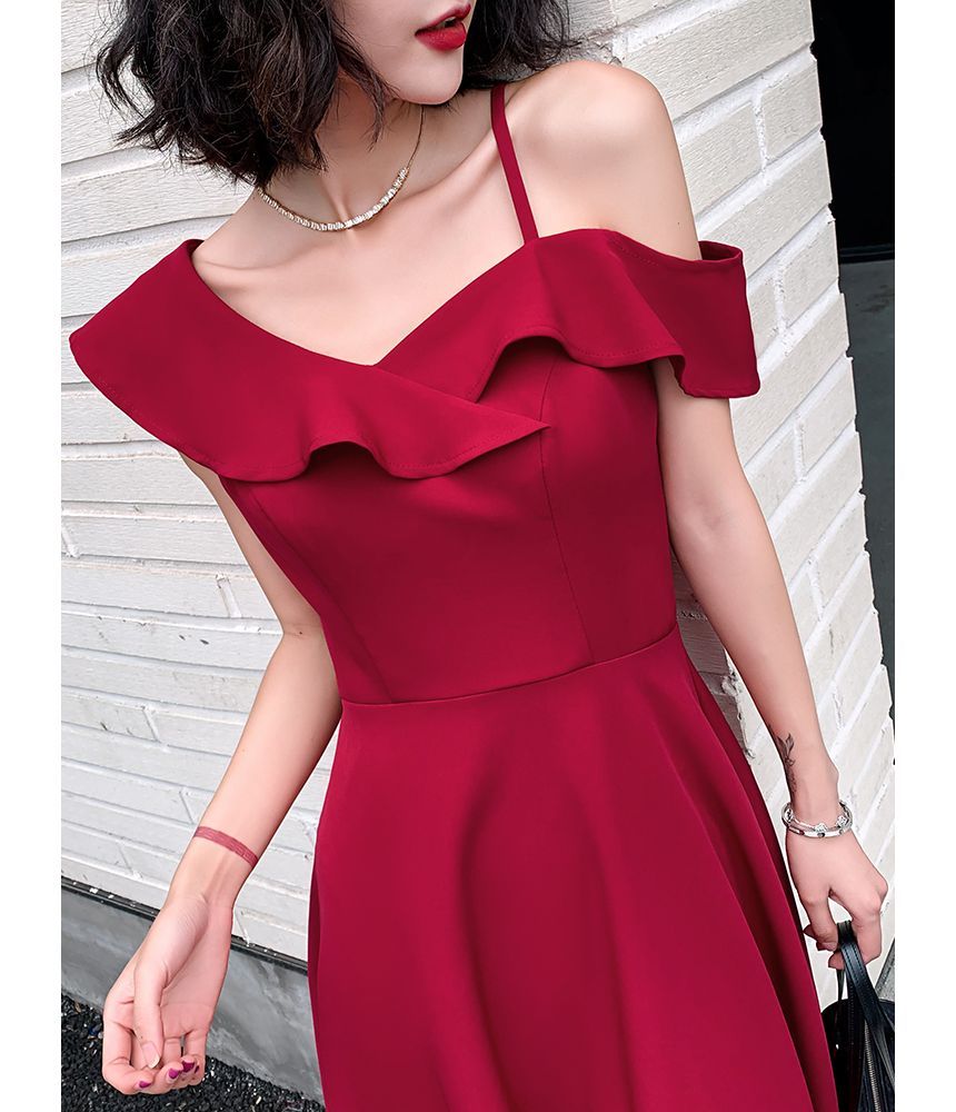 Asymmetric Ruffled A-Line Cocktail Dress with Thin Straps
