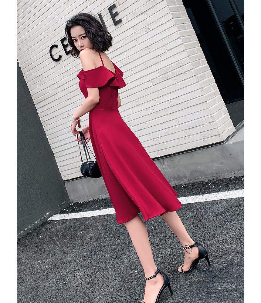 Asymmetric Ruffled A-Line Cocktail Dress with Thin Straps