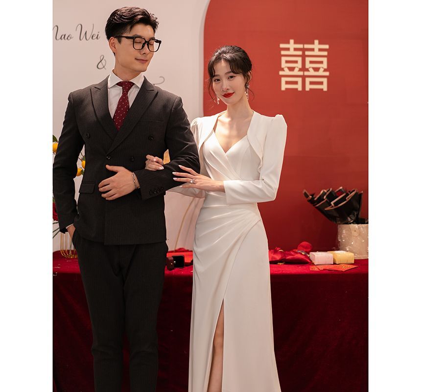 Ruched Slit A-Line Wrap Wedding Gown with Bolero Set