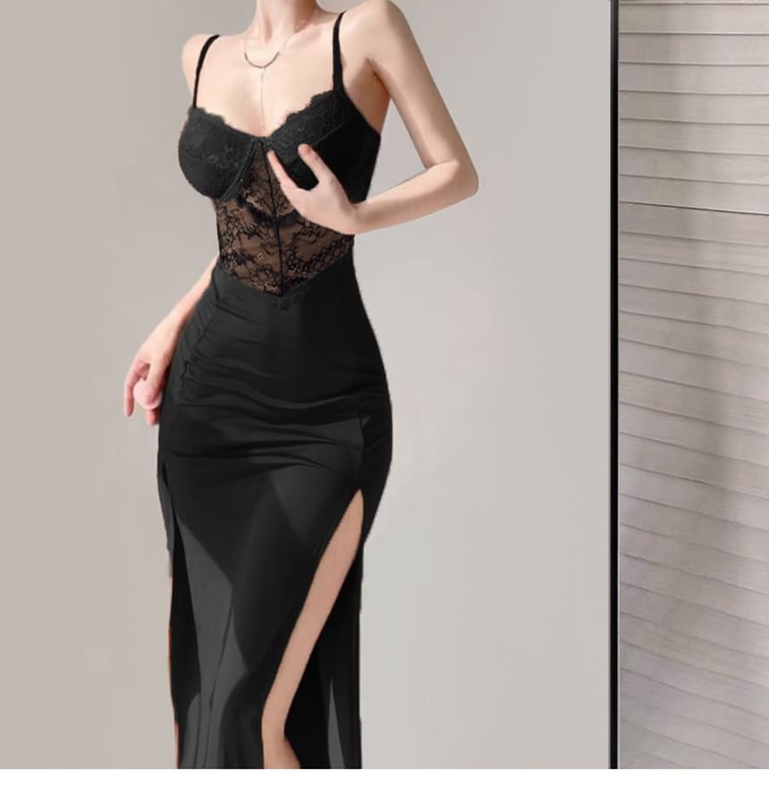 V-Neck Lace Slit Midi Sheath Dress with Thin Straps