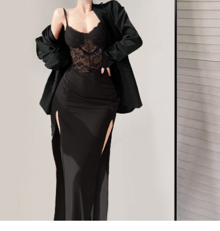 V-Neck Lace Slit Midi Sheath Dress with Thin Straps