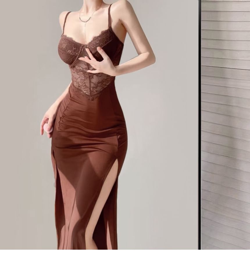 V-Neck Lace Slit Midi Sheath Dress with Thin Straps