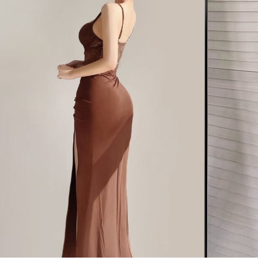 V-Neck Lace Slit Midi Sheath Dress with Thin Straps