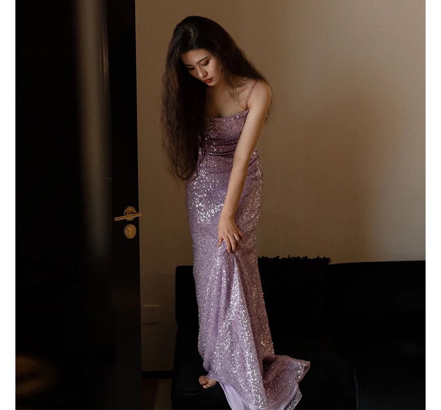 Sequin Sheath Evening Gown with Thin Straps