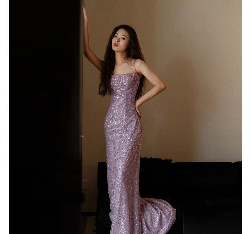 Sequin Sheath Evening Gown with Thin Straps