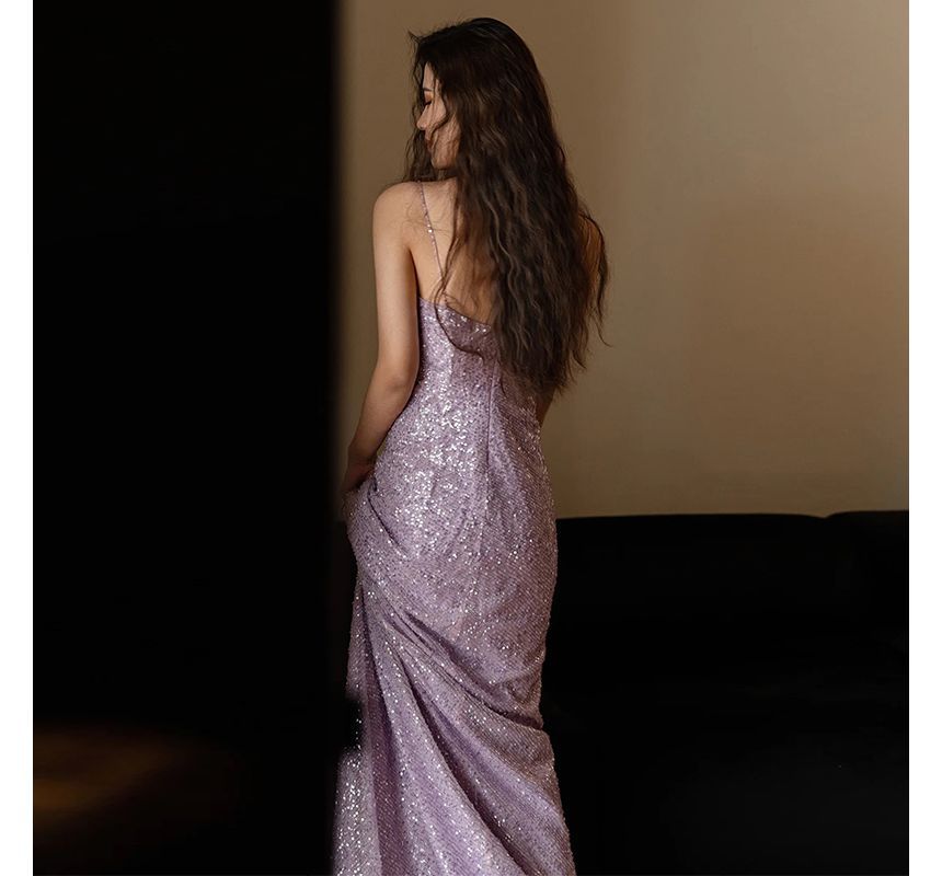 Sequin Sheath Evening Gown with Thin Straps