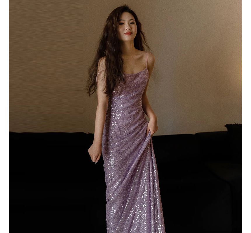 Sequin Sheath Evening Gown with Thin Straps