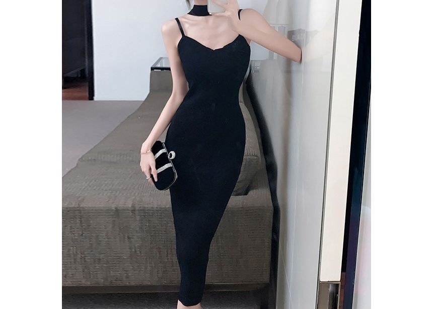 Knit Bodycon Midi Dress with Thin Straps