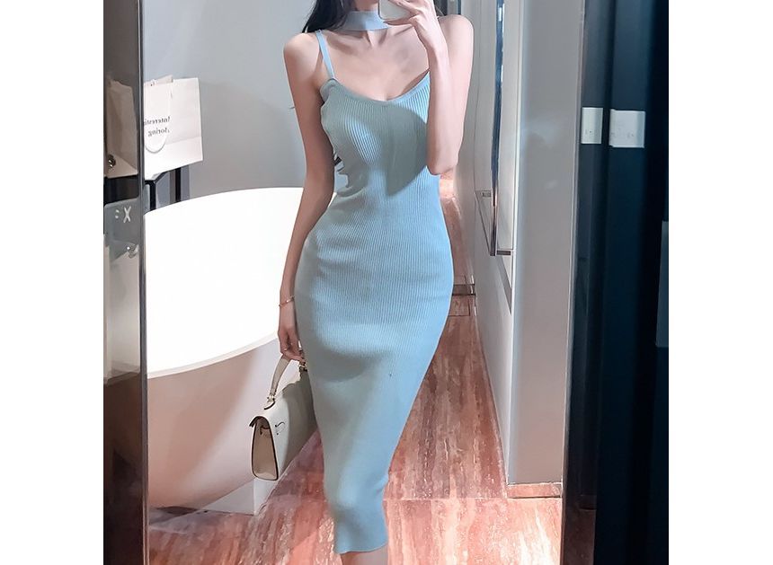 Knit Bodycon Midi Dress with Thin Straps