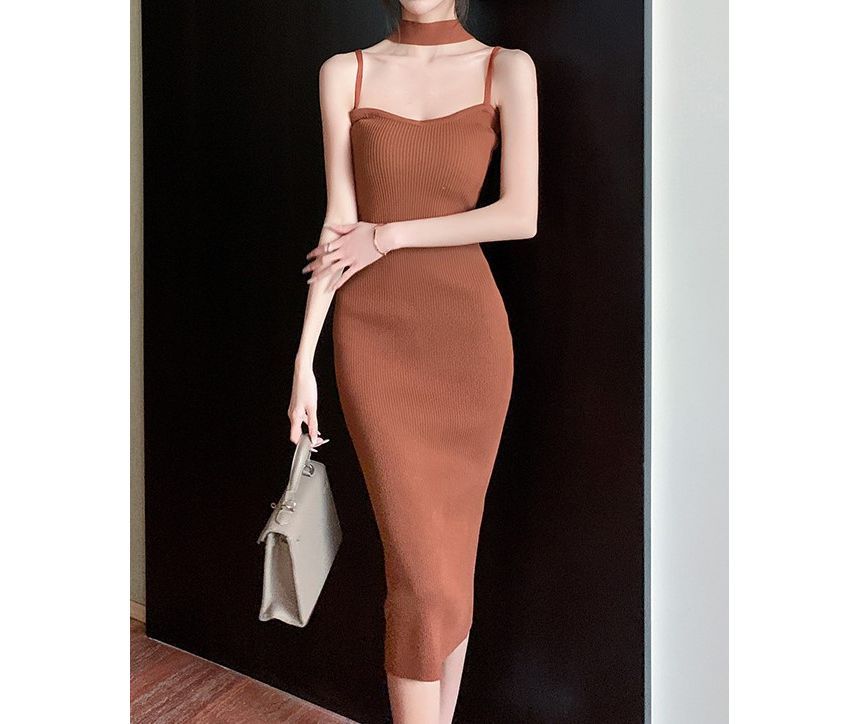 Knit Bodycon Midi Dress with Thin Straps
