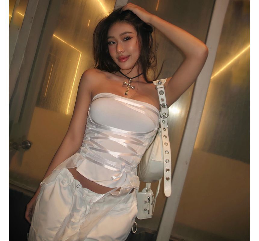Ruffled Shirred Strapless Lace-Up Tube Top