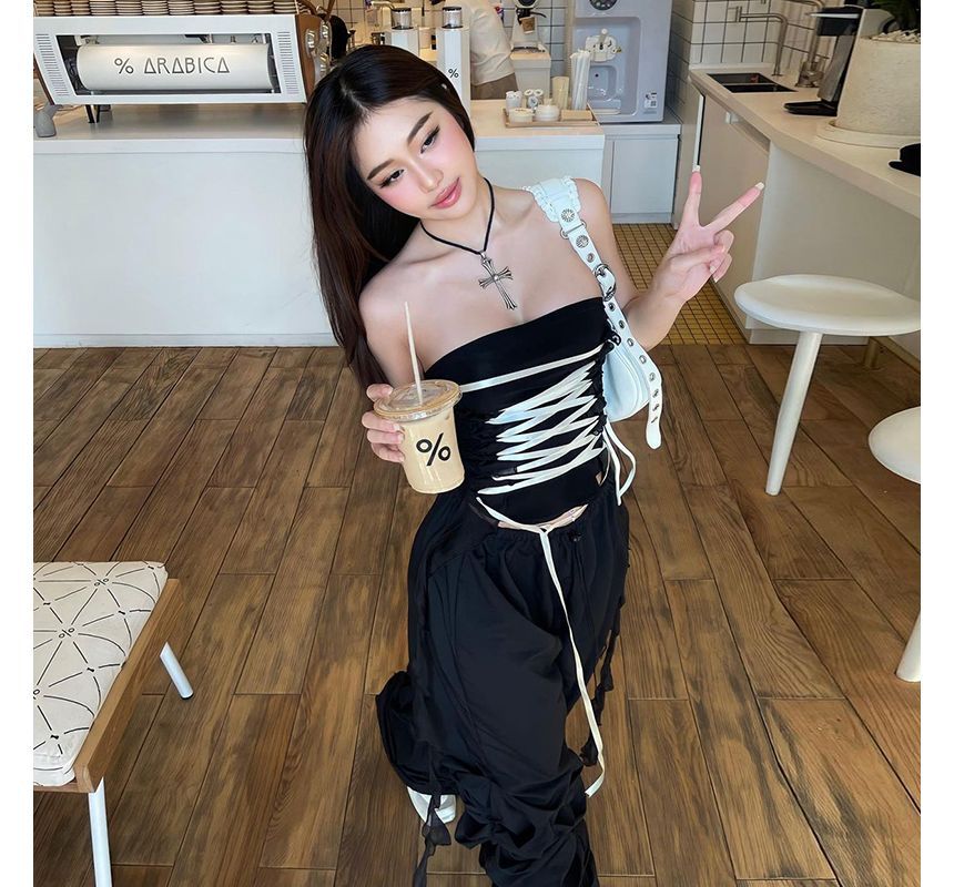 Ruffled Shirred Strapless Lace-Up Tube Top