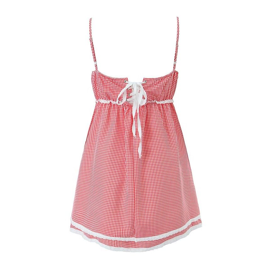 Plaid Lace Trim Mini A-Line Dress with Thin Straps