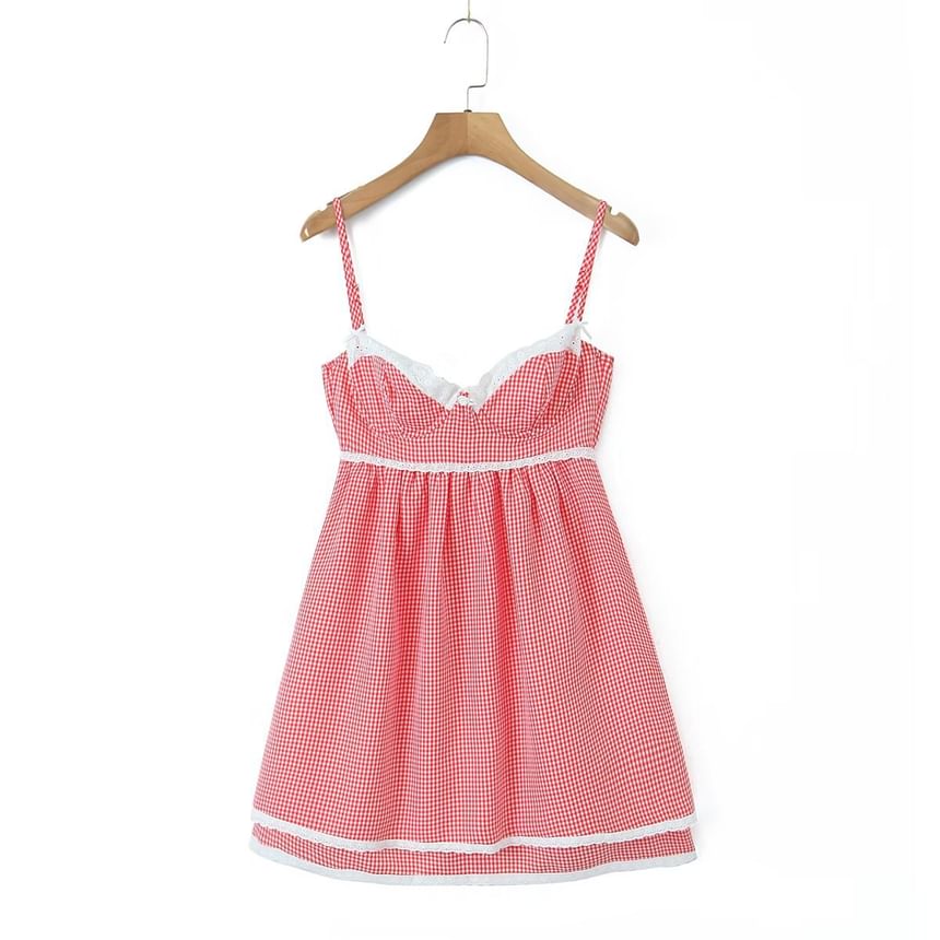 Plaid Lace Trim Mini A-Line Dress with Thin Straps