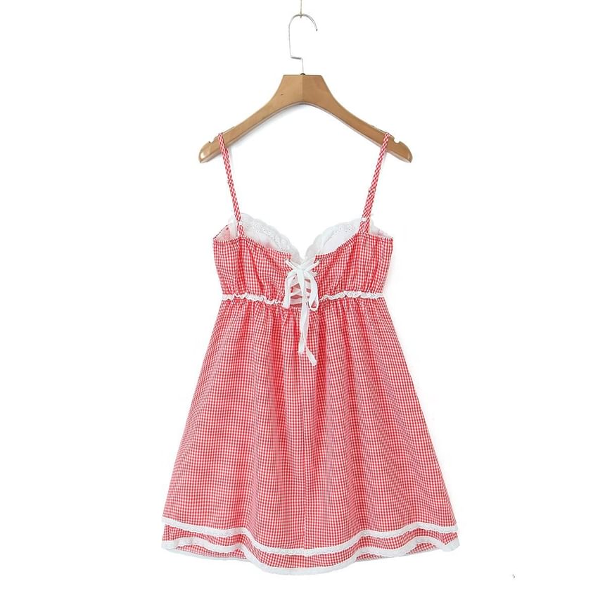 Plaid Lace Trim Mini A-Line Dress with Thin Straps