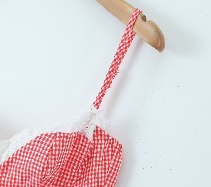 Plaid Lace Trim Mini A-Line Dress with Thin Straps