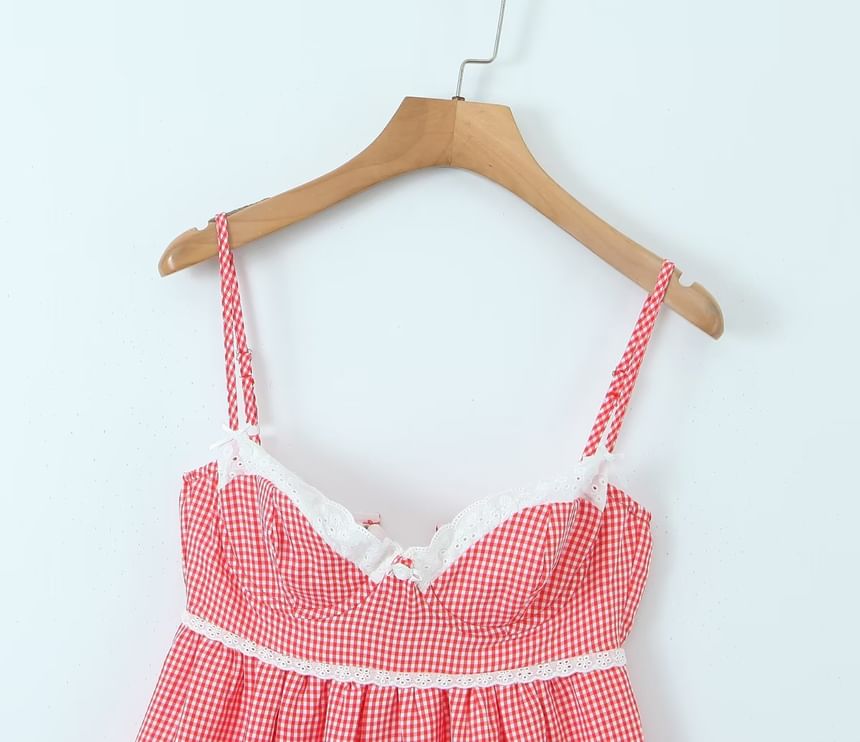 Plaid Lace Trim Mini A-Line Dress with Thin Straps