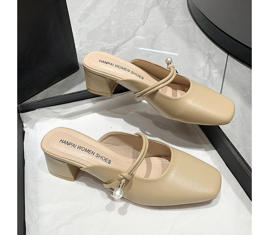 Faux Pearl Chunky Heel Mules - Plain