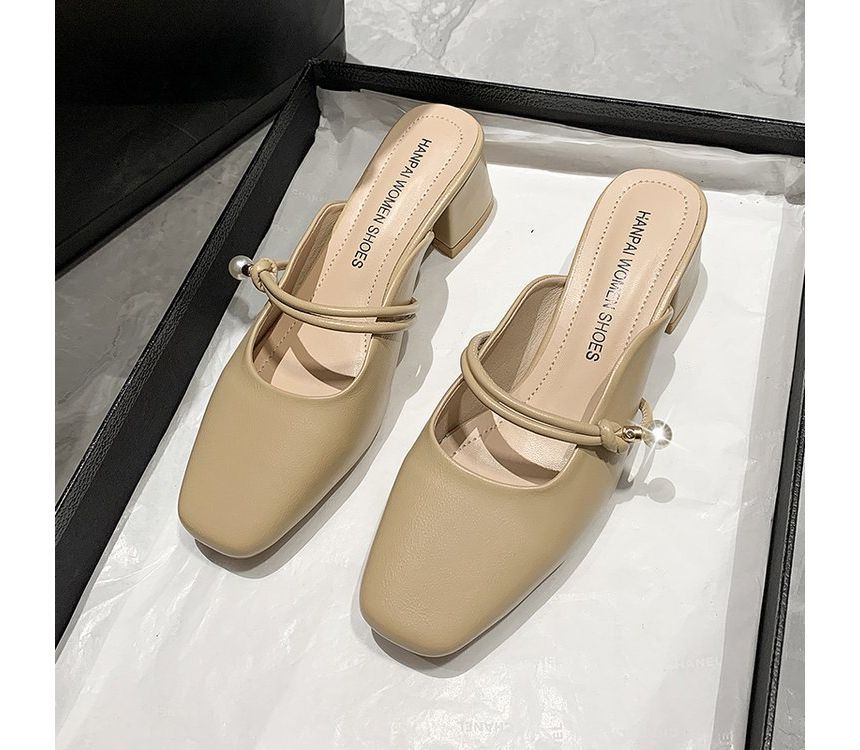 Faux Pearl Chunky Heel Mules - Plain