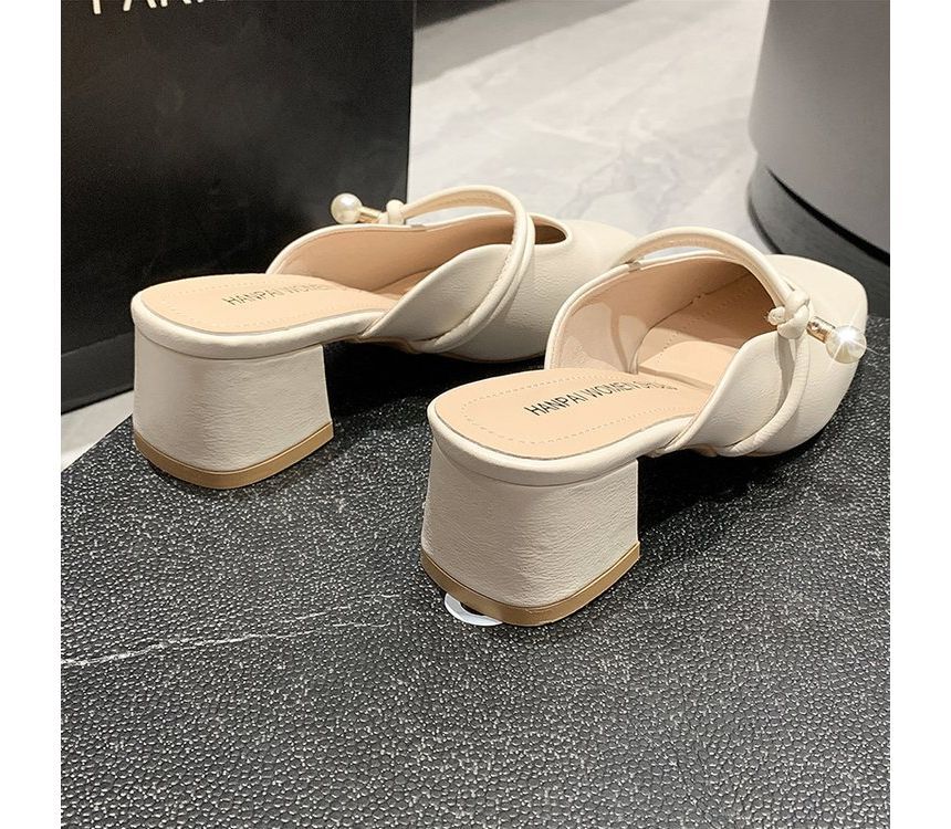 Faux Pearl Chunky Heel Mules - Plain