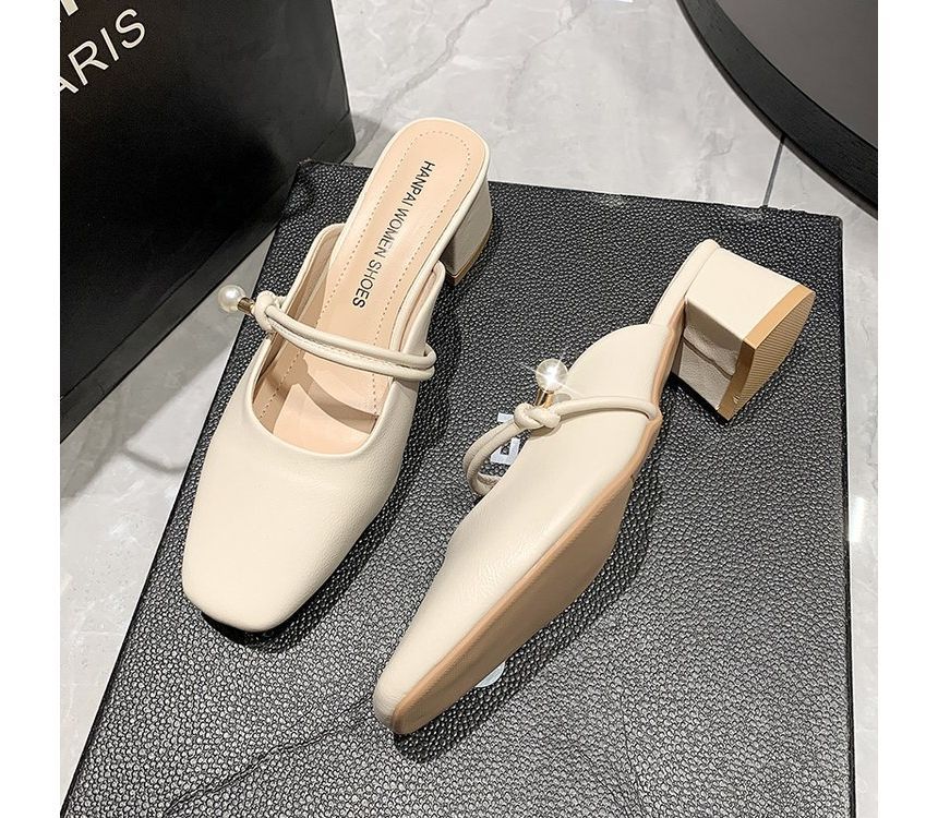 Faux Pearl Chunky Heel Mules - Plain